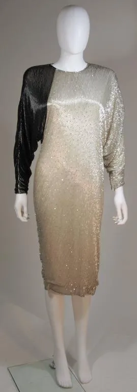 VINTAGE Circa 1980s Black and Silver Silk Cocktail Dress SIze 4-6