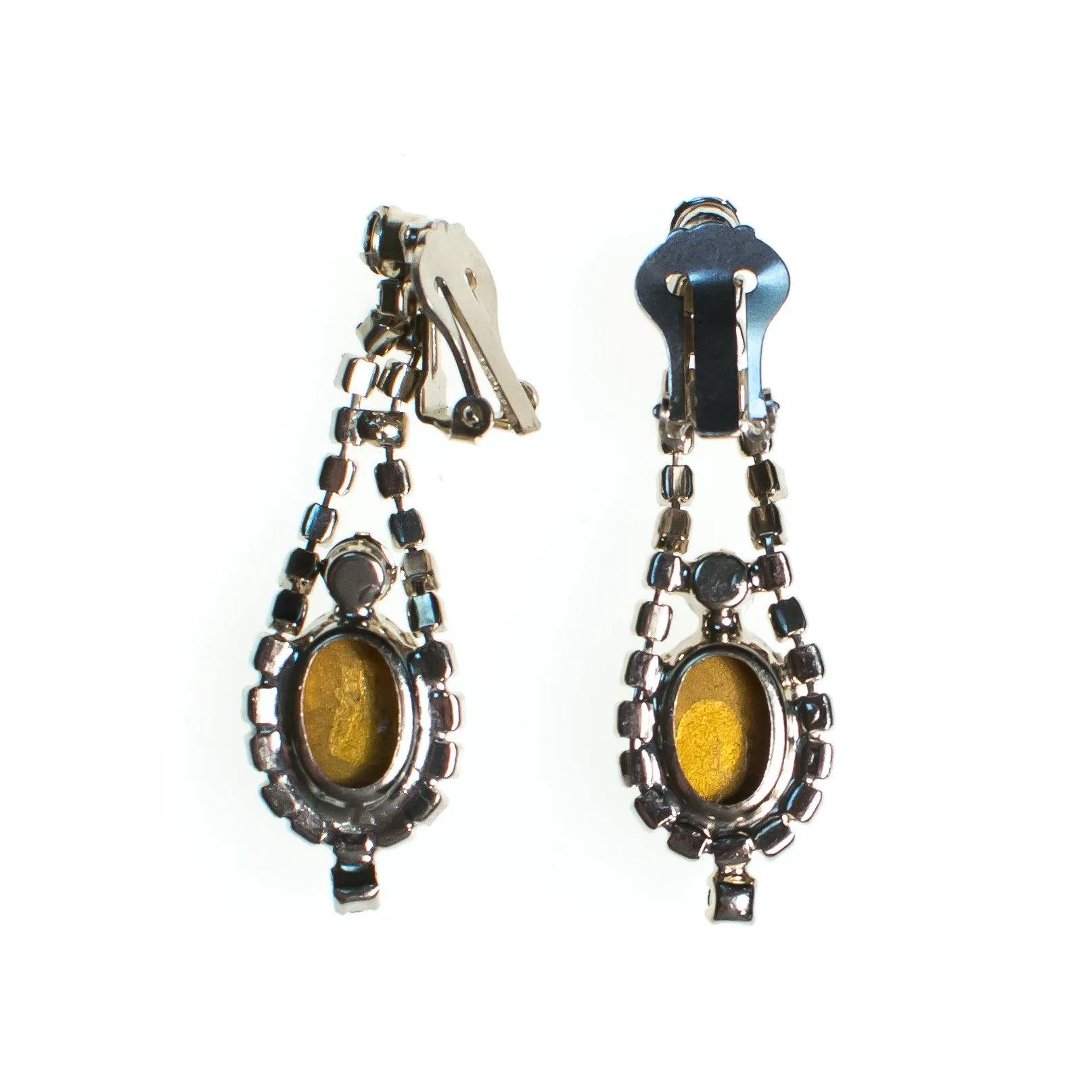 Vintage Etched Crystal Earrings, Diamante Crystals, Dangle Earrings, Silver Tone Setting, Clip-on