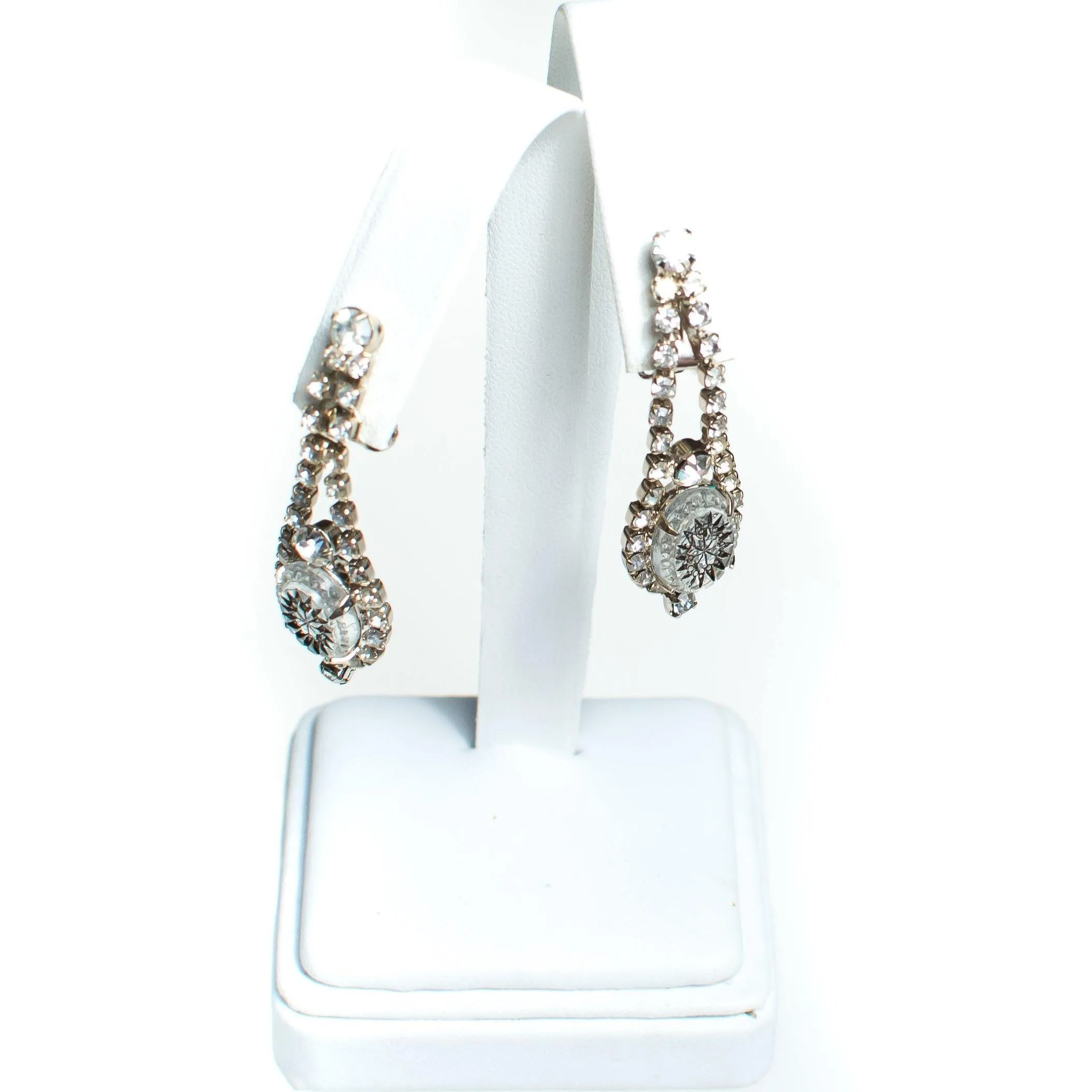 Vintage Etched Crystal Earrings, Diamante Crystals, Dangle Earrings, Silver Tone Setting, Clip-on