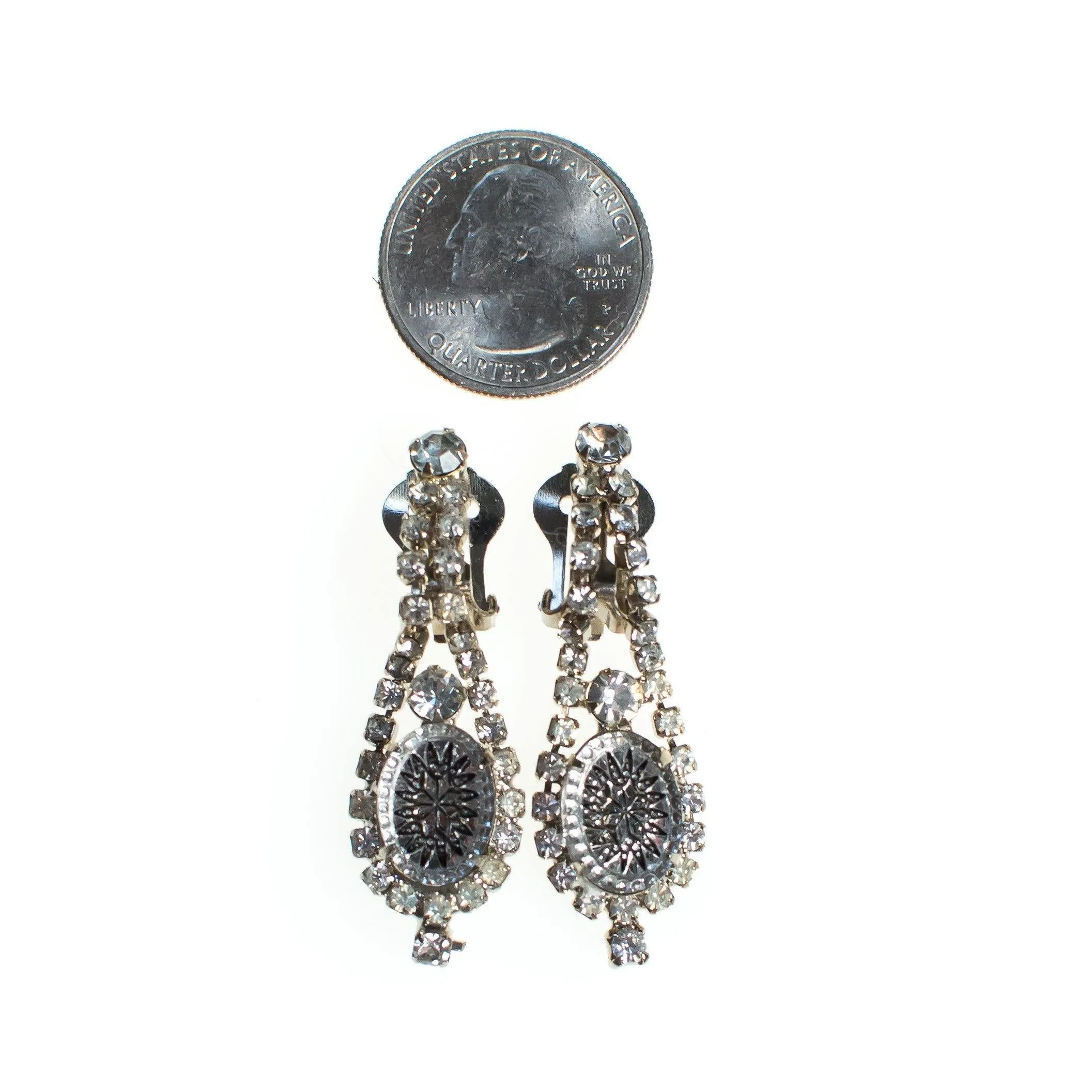 Vintage Etched Crystal Earrings, Diamante Crystals, Dangle Earrings, Silver Tone Setting, Clip-on