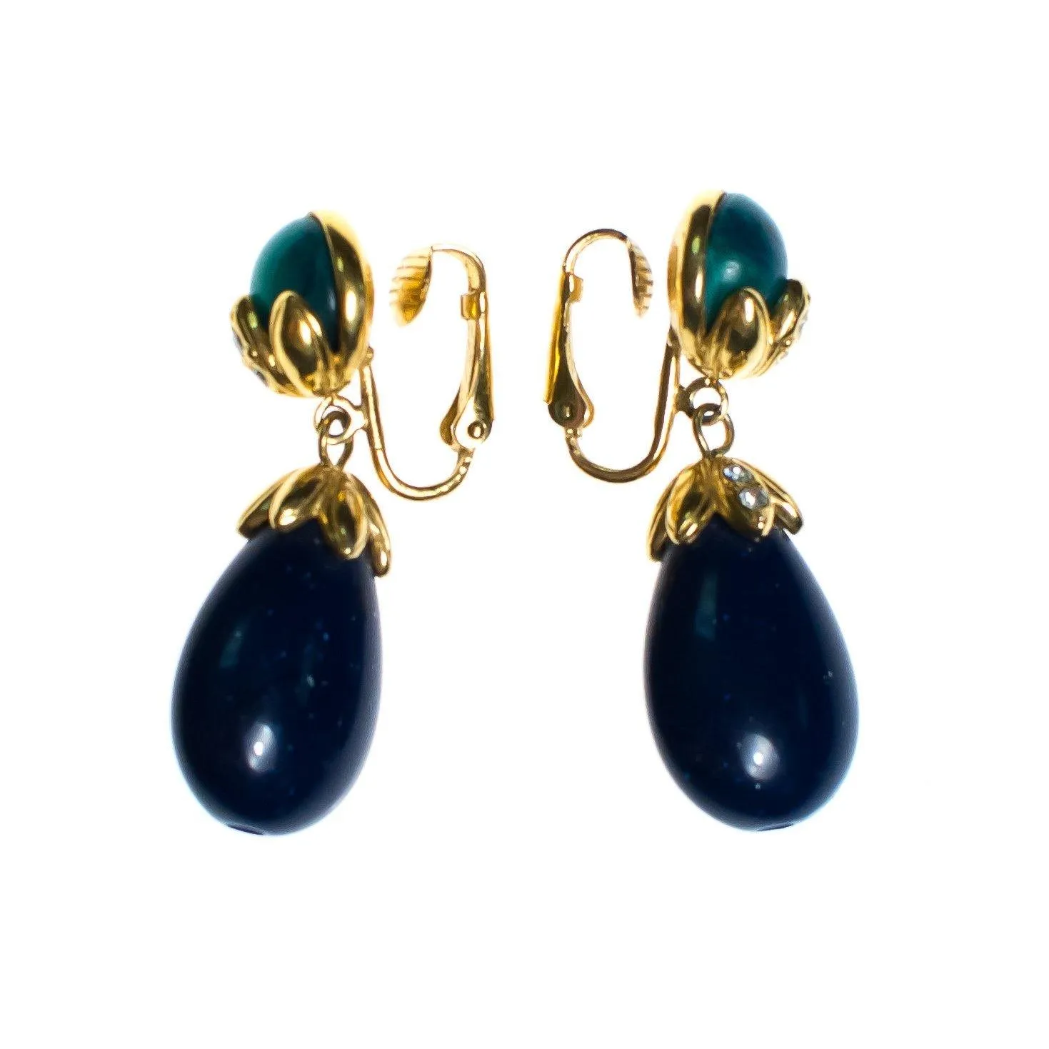 Vintage Lapis Lucite and Speckled Jade Drop Earrings