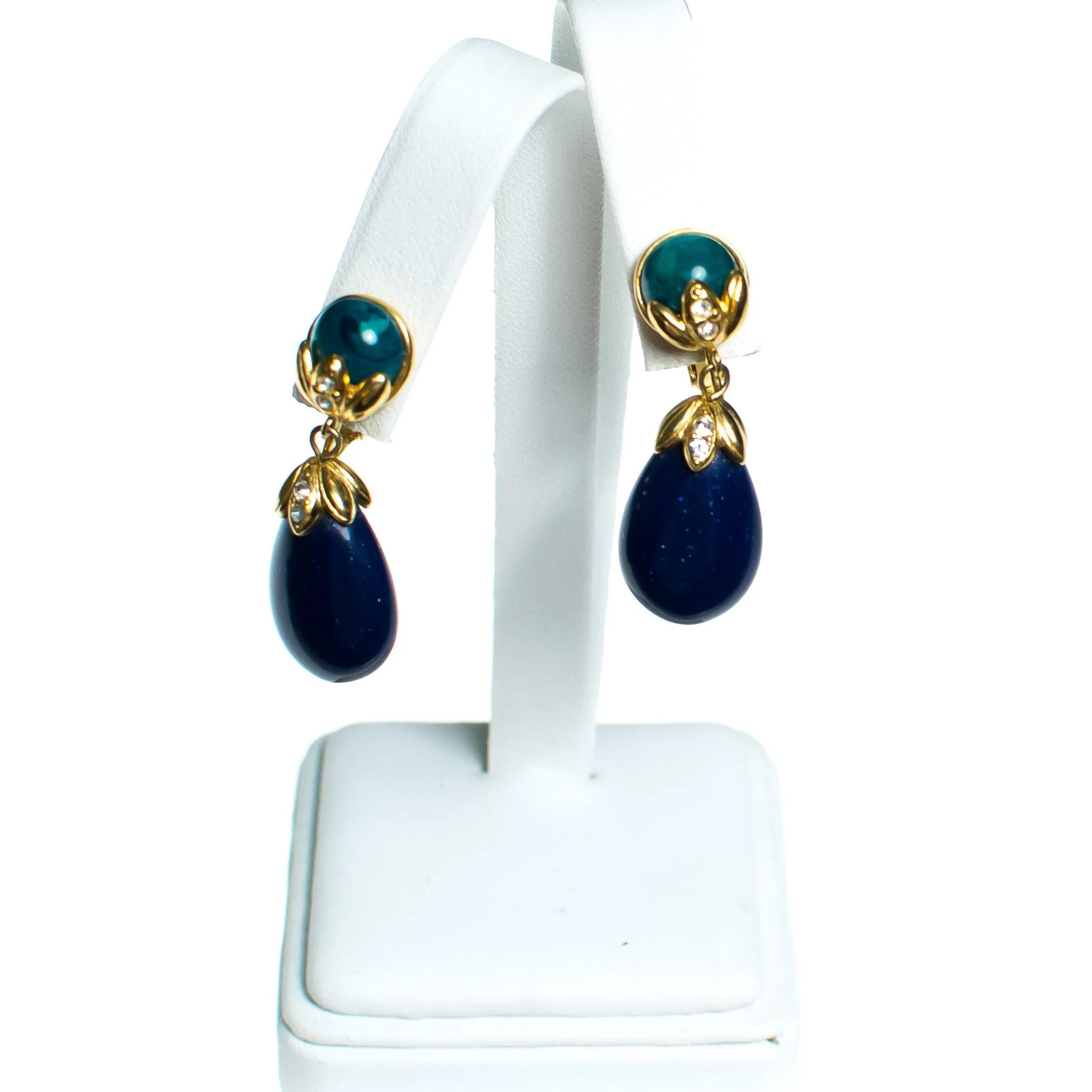Vintage Lapis Lucite and Speckled Jade Drop Earrings