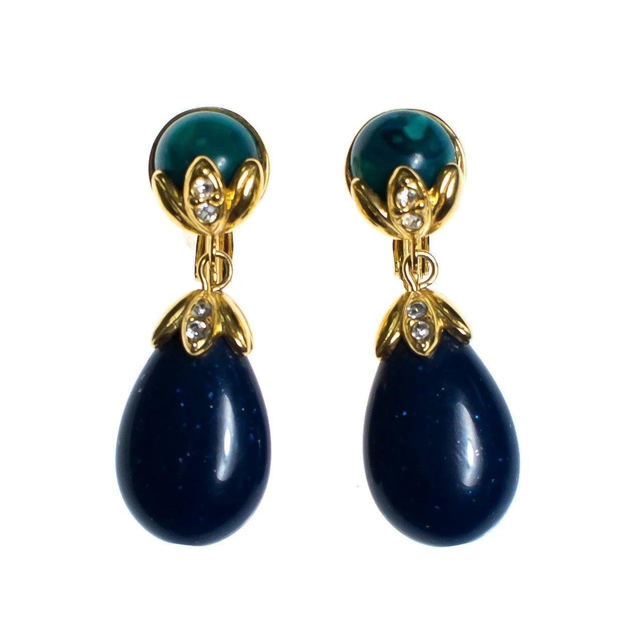 Vintage Lapis Lucite and Speckled Jade Drop Earrings