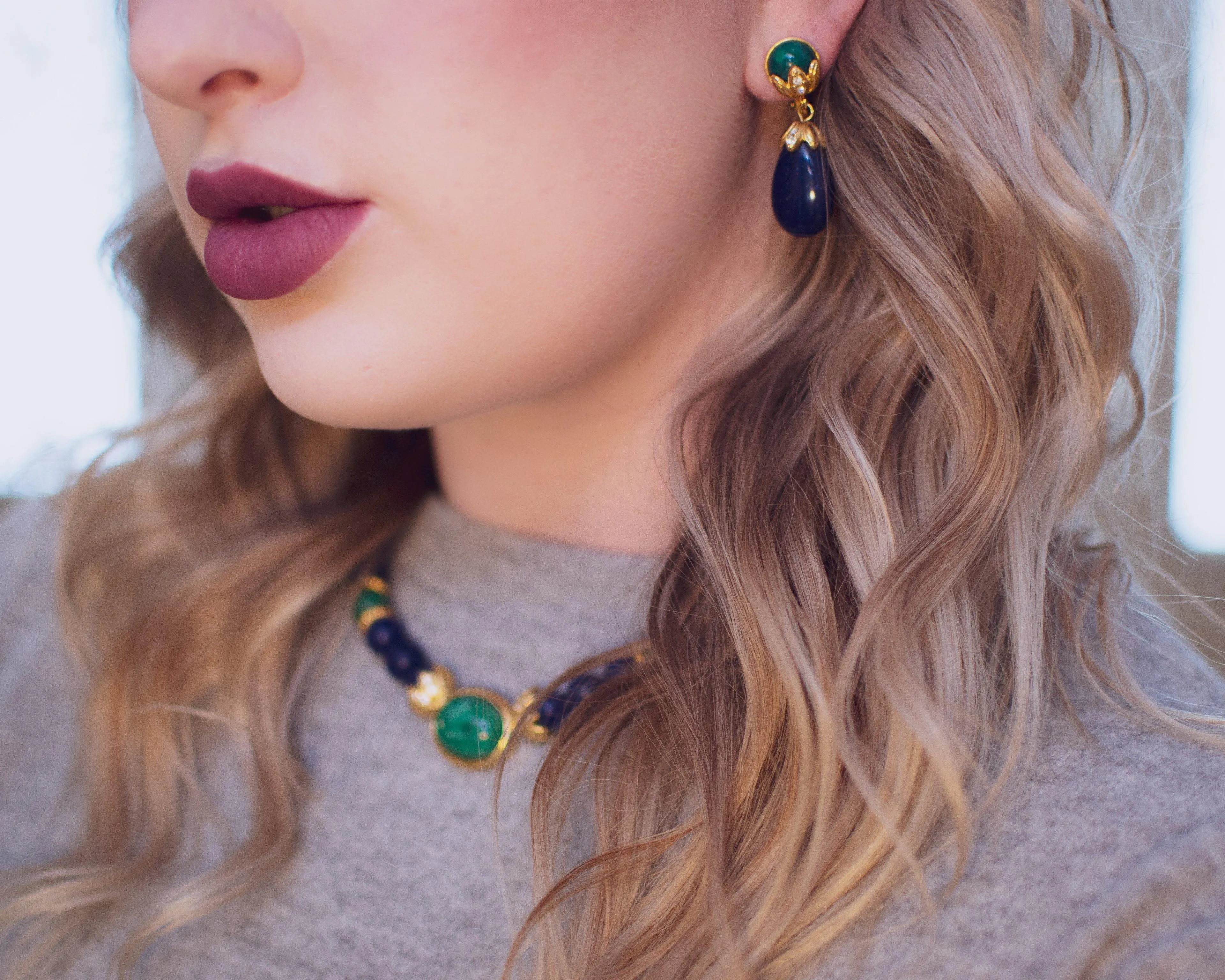 Vintage Lapis Lucite and Speckled Jade Drop Earrings