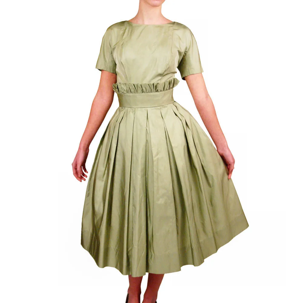 Vintage MCM Suzy Perette Cocktail Dress Pale Green Silk 1950sPaper Bag Waist Sz S