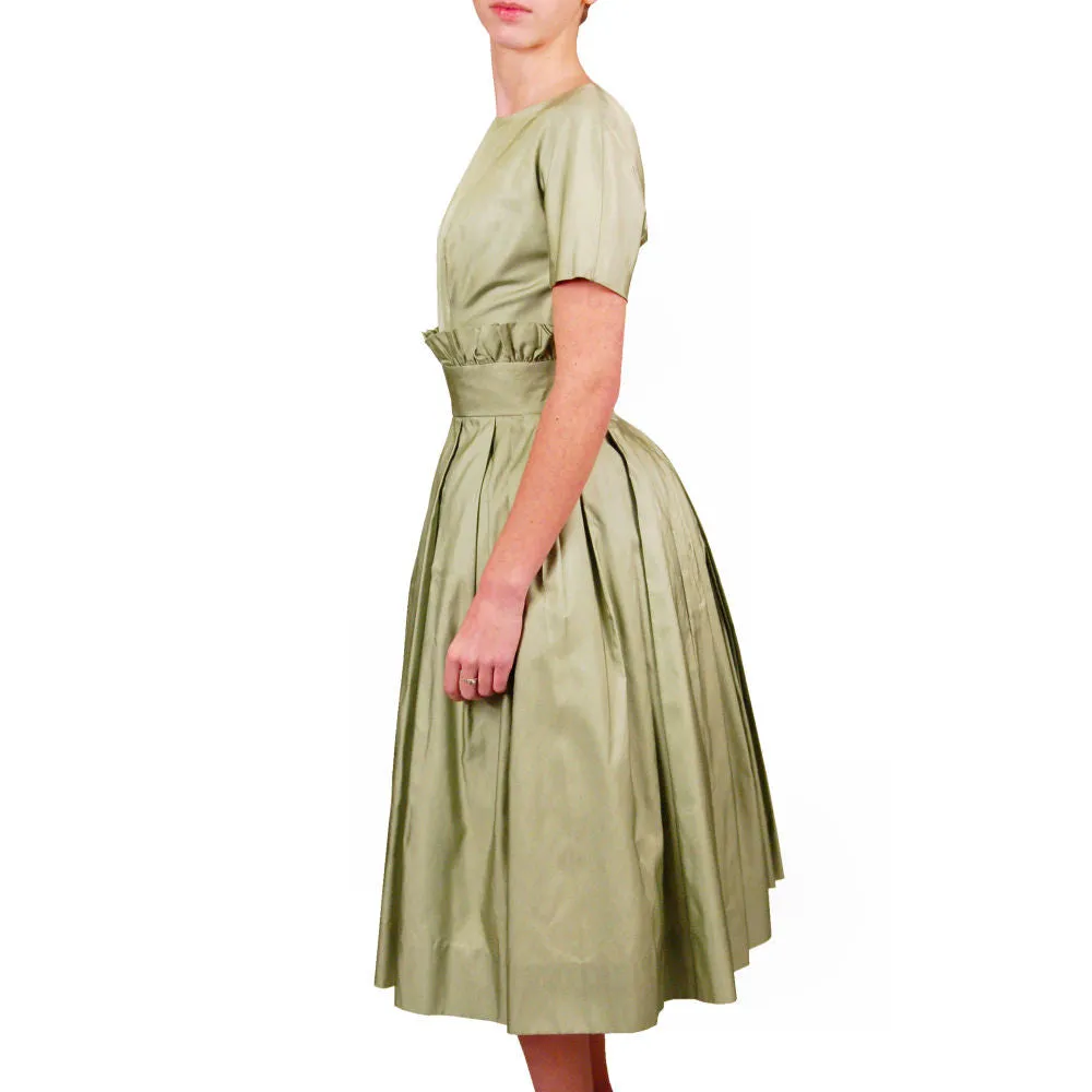 Vintage MCM Suzy Perette Cocktail Dress Pale Green Silk 1950sPaper Bag Waist Sz S