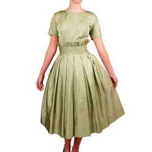 Vintage MCM Suzy Perette Cocktail Dress Pale Green Silk 1950sPaper Bag Waist Sz S