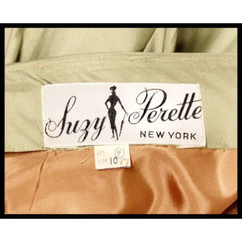 Vintage MCM Suzy Perette Cocktail Dress Pale Green Silk 1950sPaper Bag Waist Sz S