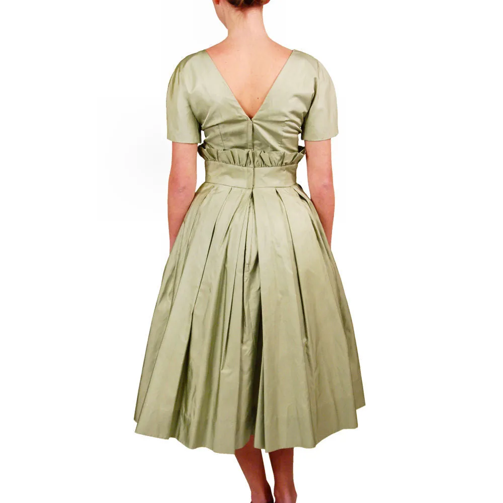 Vintage MCM Suzy Perette Cocktail Dress Pale Green Silk 1950sPaper Bag Waist Sz S