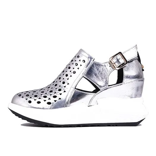 Wedge Pumps High Heels Metallic Sandals Red Patent Platform Shoes Women Genuine Leather Casual Creepers Harajuku Silver Round