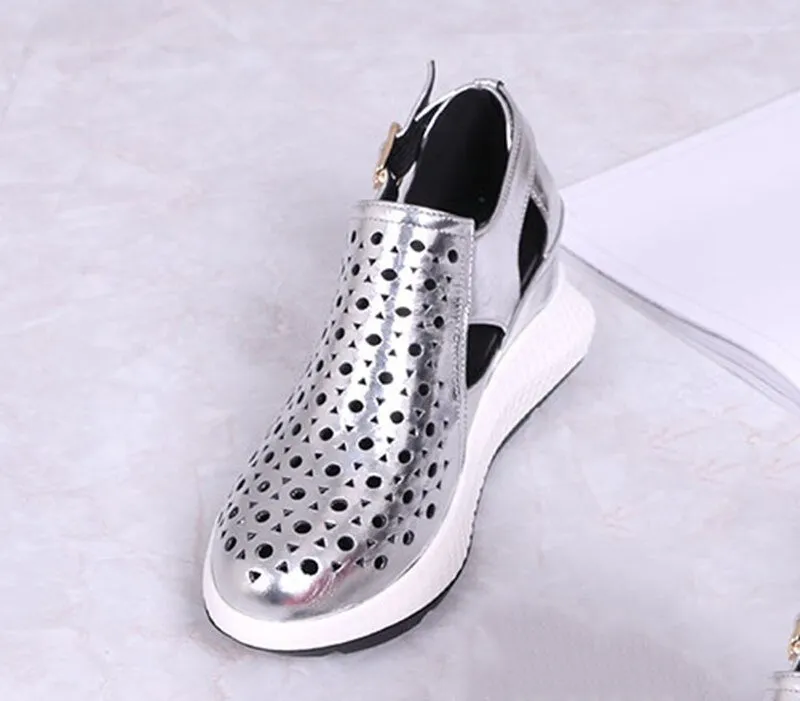 Wedge Pumps High Heels Metallic Sandals Red Patent Platform Shoes Women Genuine Leather Casual Creepers Harajuku Silver Round