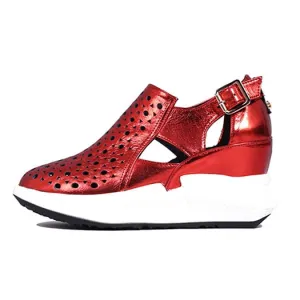 Wedge Pumps High Heels Metallic Sandals Red Patent Platform Shoes Women Genuine Leather Casual Creepers Harajuku Silver Round