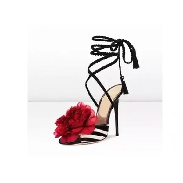 White & Black Zebra Stripe Big Red Flower Sandal