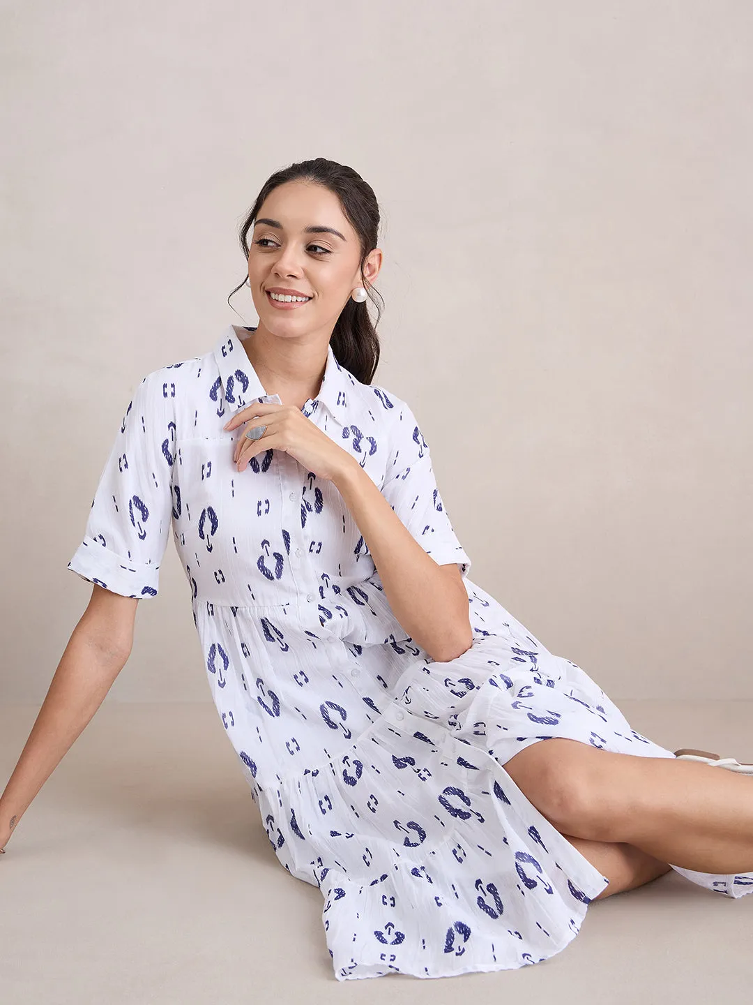 White And Blue Abstract Print Button Down Midi Dress