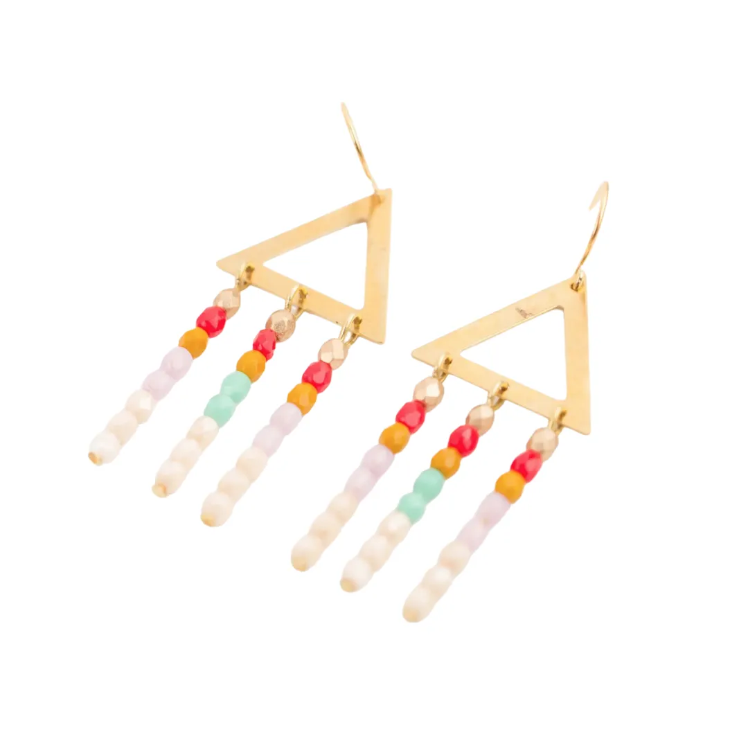 White Bead Triangle Brass Chandelier Earrings