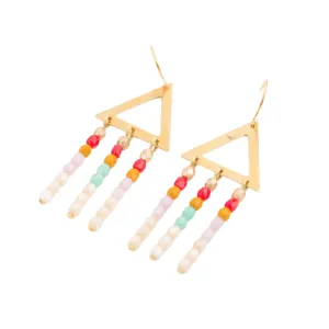 White Bead Triangle Brass Chandelier Earrings