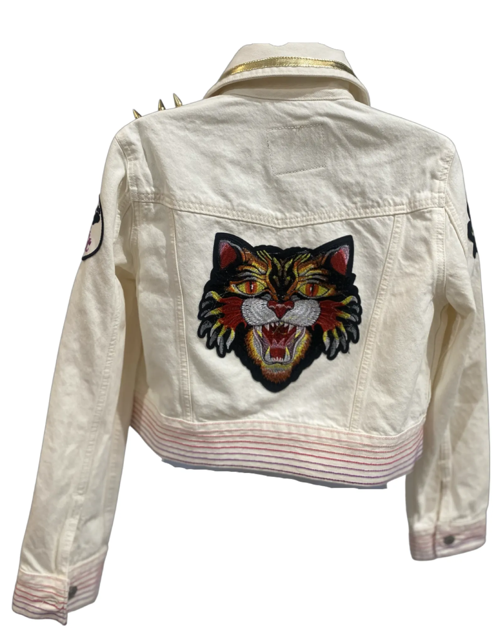 White denim crop Brown Leather chest Rubble Kings jacket #71