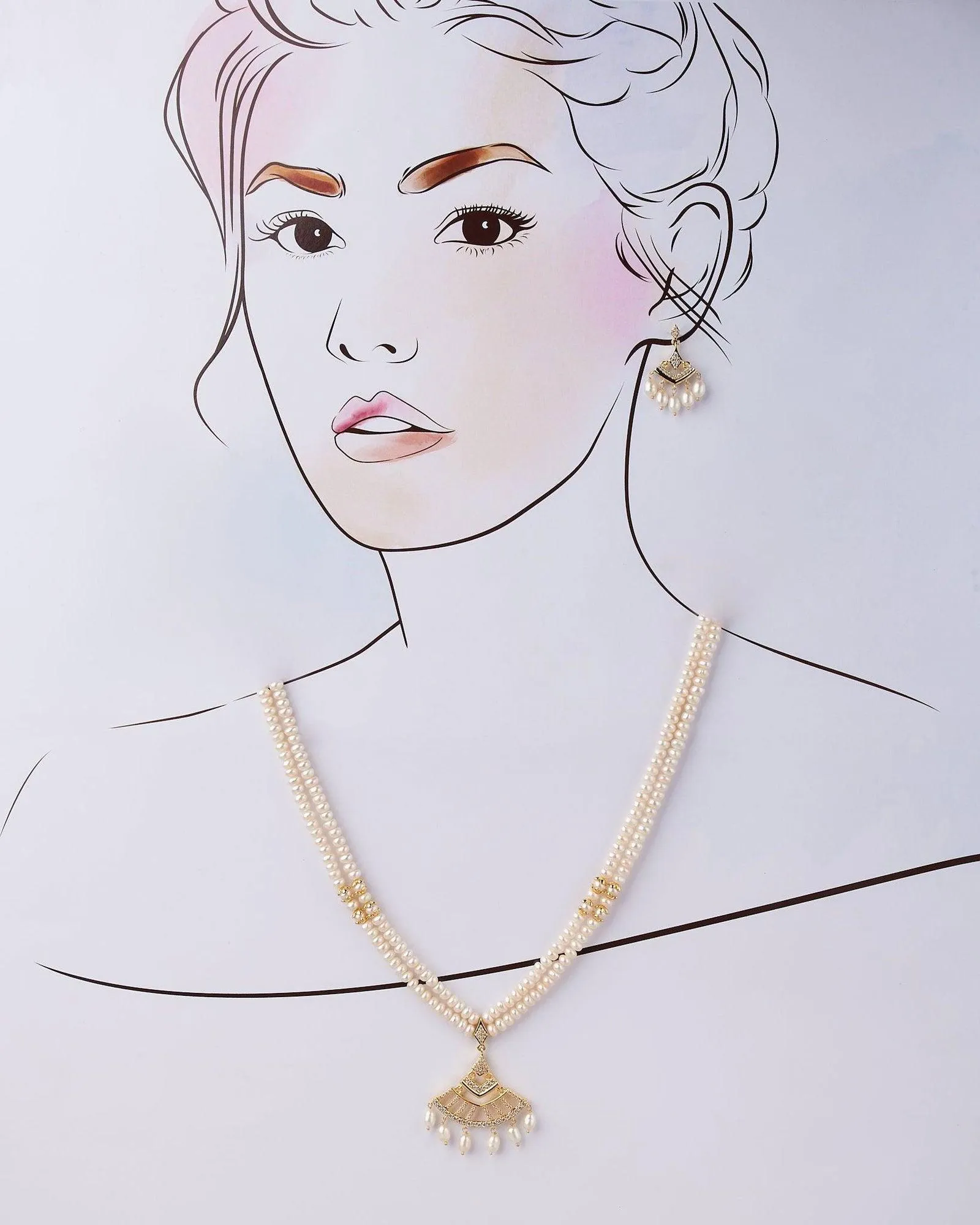 White Pearl Necklace Set with Gold Accents