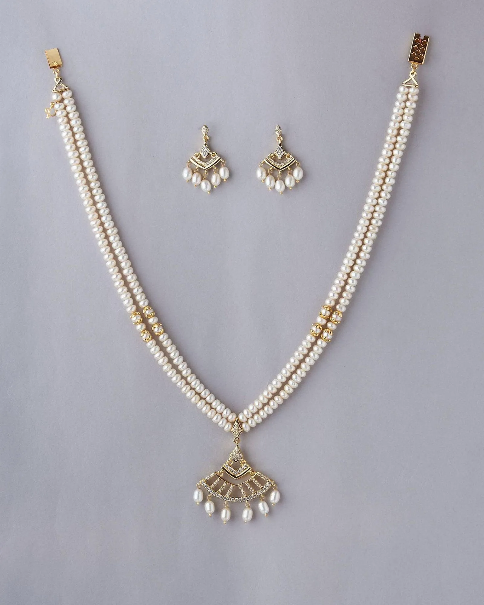 White Pearl Necklace Set with Gold Accents