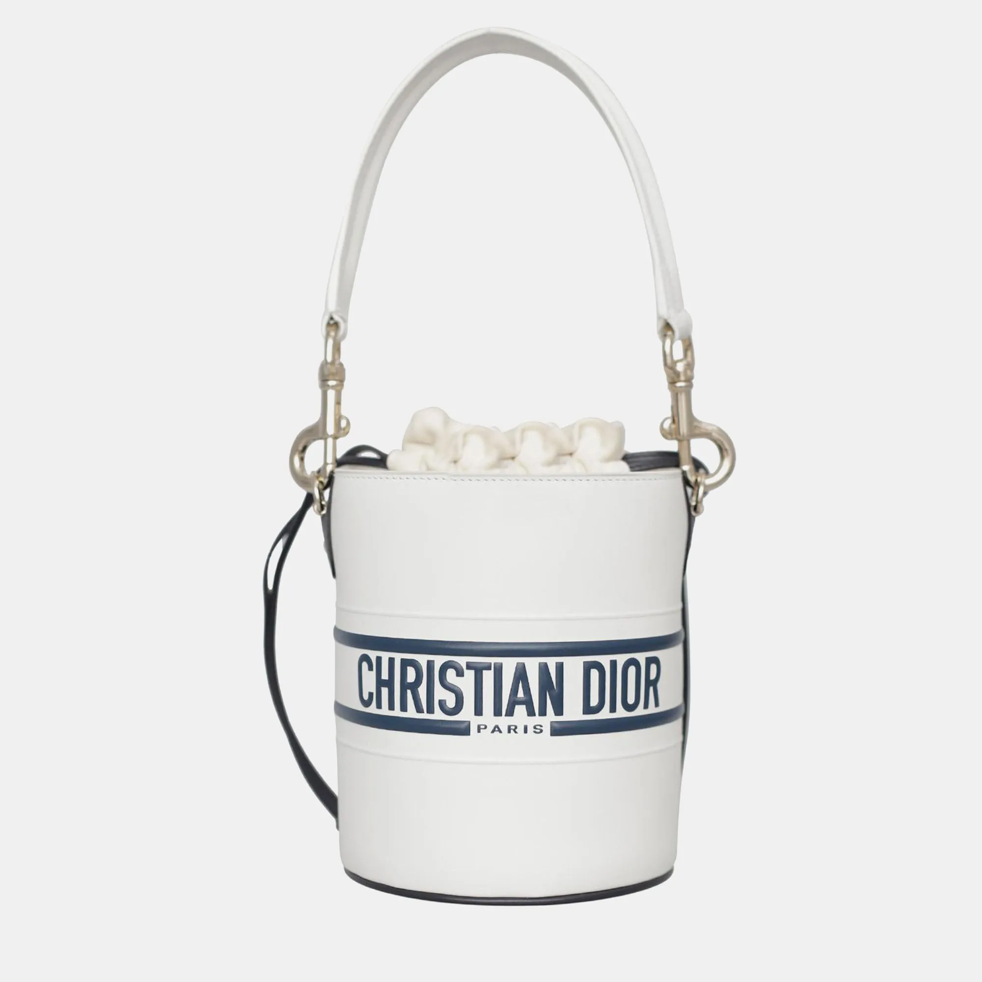 White/Navy Blue Leather Vibe Bucket Bag