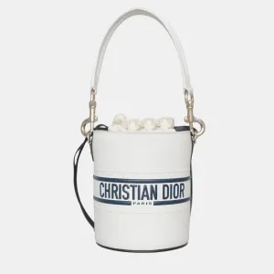 White/Navy Blue Leather Vibe Bucket Bag