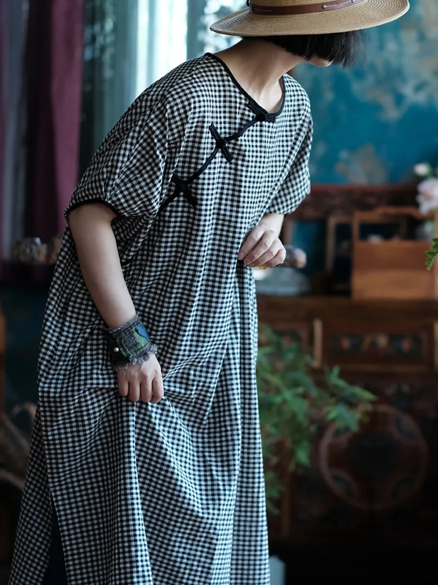 Women Artsy Spring Plaid O-Neck Loose Dress