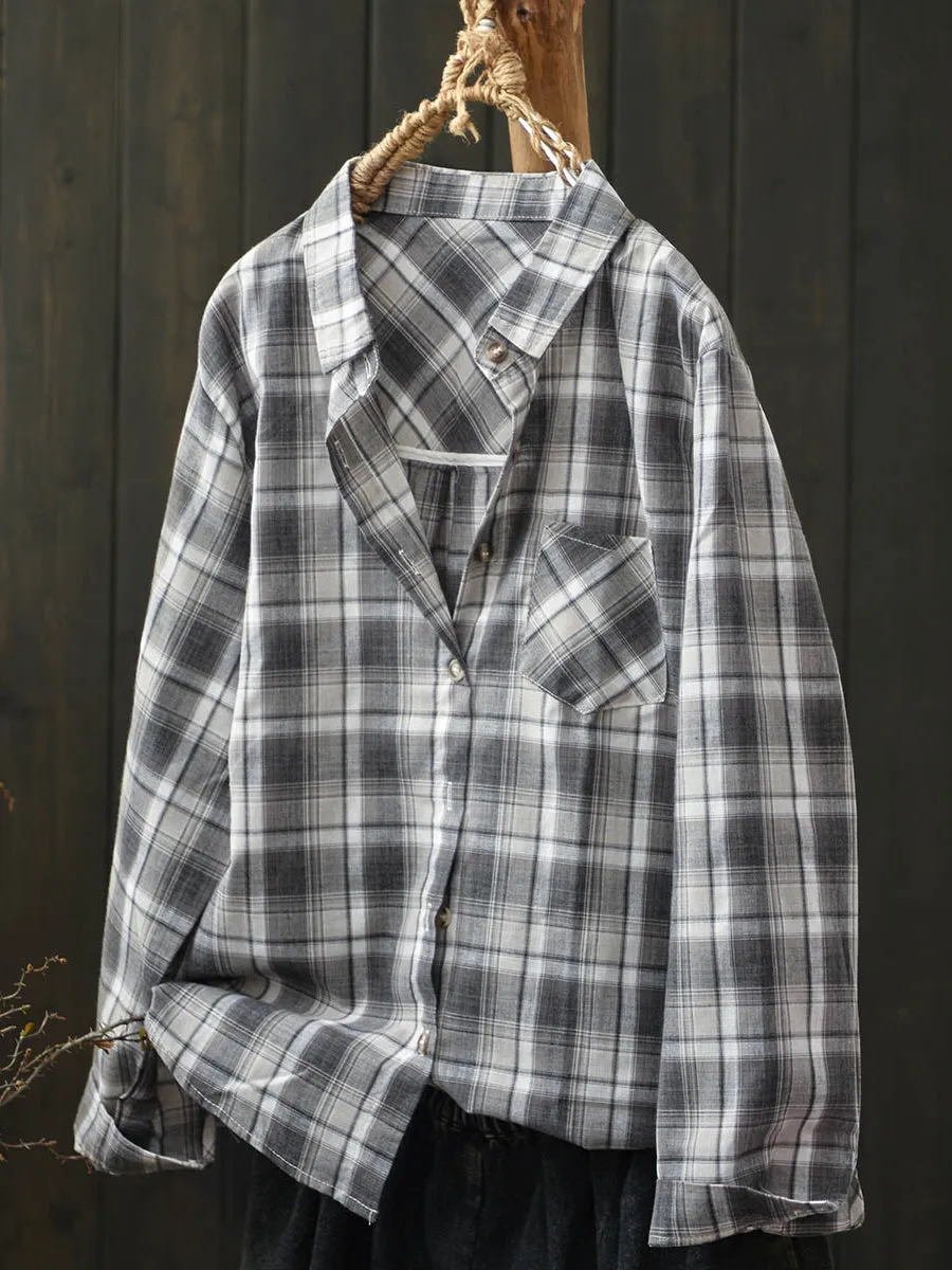 Women Autumn Artsy Cotton Plaid Shirt