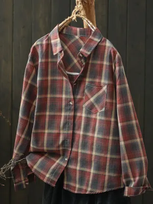 Women Autumn Artsy Cotton Plaid Shirt