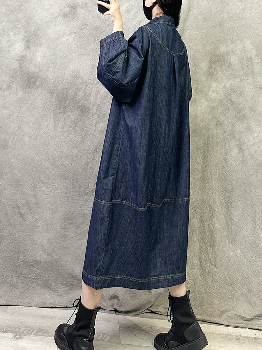 Women Autumn Retro Solid Turn-down Collar Denim Dress