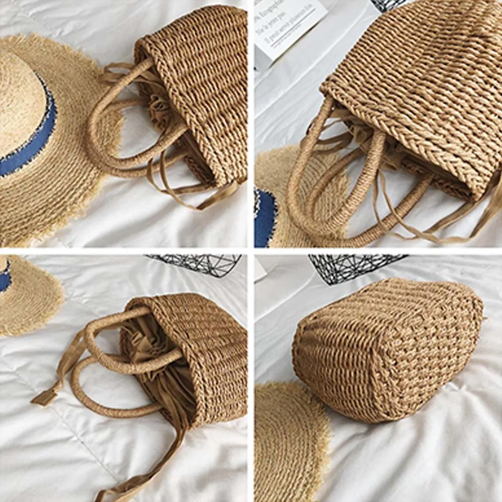 Women Beach Holiday Casual Fashion Straw Woven Bag Handbag Shoulder Bag Rattan Clutch Basket Vintage