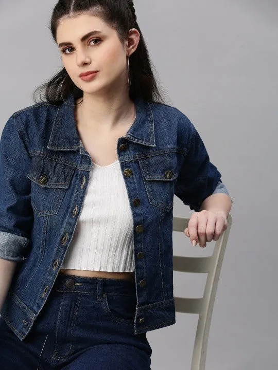Women Dark Blue Washed Denim Jacket