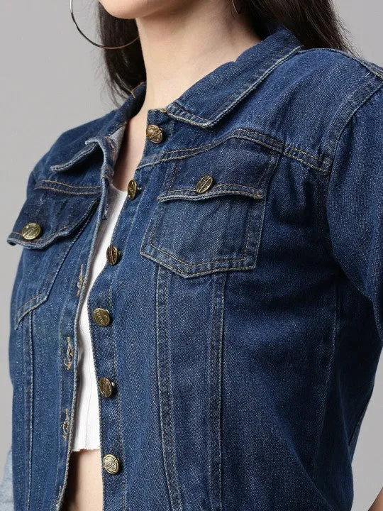 Women Dark Blue Washed Denim Jacket