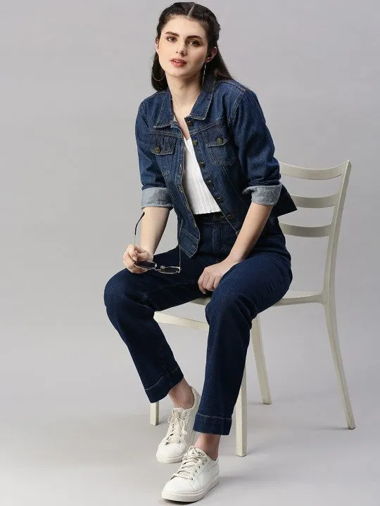 Women Dark Blue Washed Denim Jacket