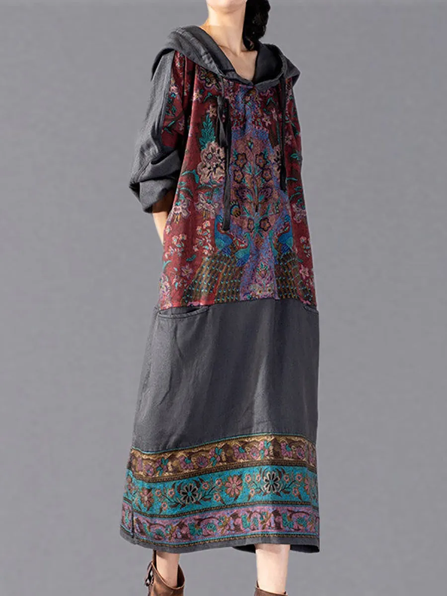 Women Ethnic Flower Spliced Long Pocket Hooded Dress