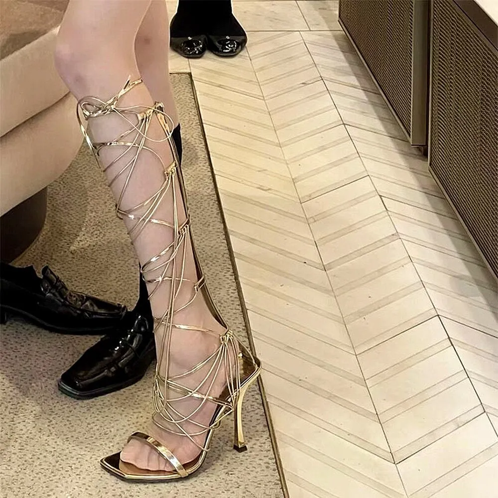 Women Gladiator Knee Boots Open Toe Lace Up Criss Cross Strappy Fashion Sexy Shoes Square Toe Mesh High-heeled Women Sandals