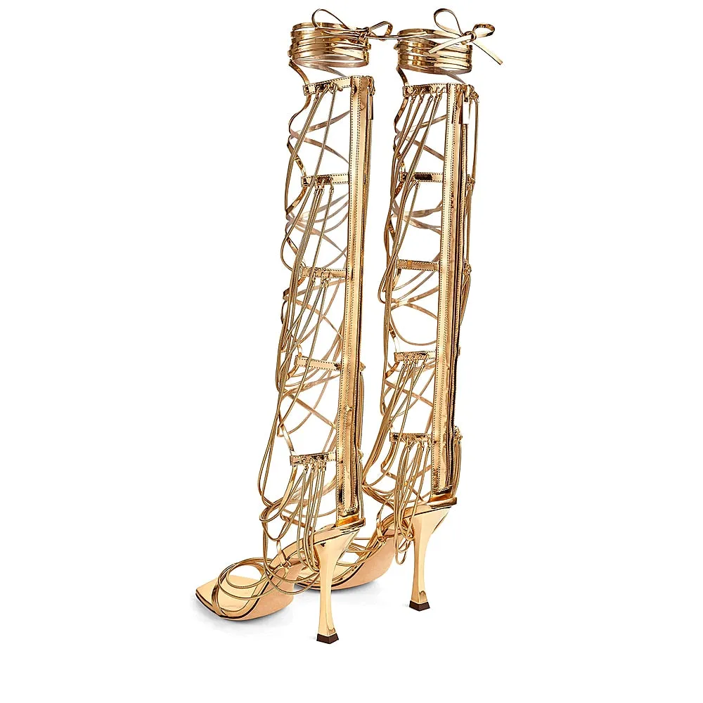 Women Gladiator Knee Boots Open Toe Lace Up Criss Cross Strappy Fashion Sexy Shoes Square Toe Mesh High-heeled Women Sandals