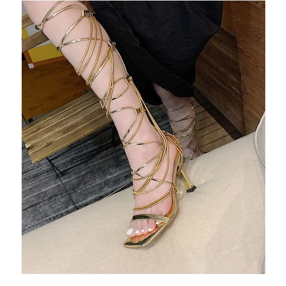 Women Gladiator Knee Boots Open Toe Lace Up Criss Cross Strappy Fashion Sexy Shoes Square Toe Mesh High-heeled Women Sandals