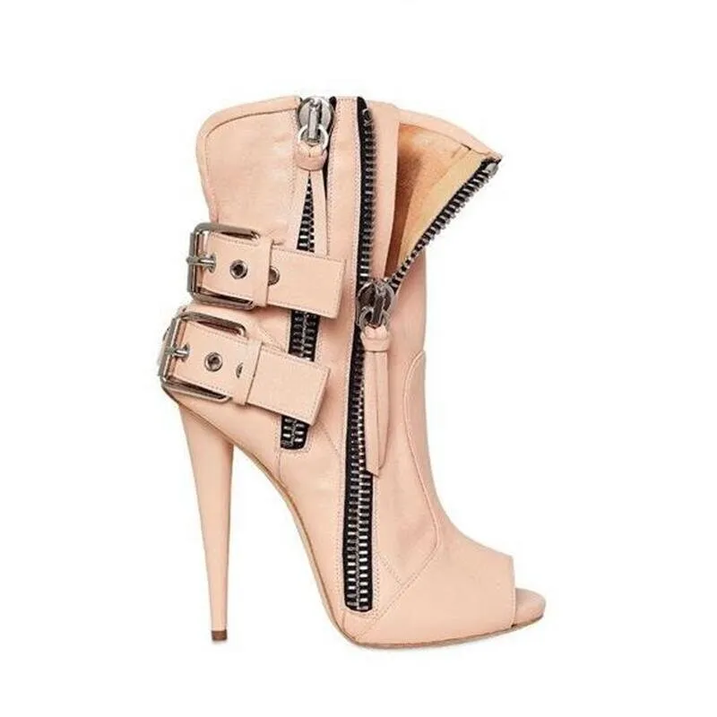 Women High Heel Peep Toe Sandals Boots Buckle Side Zipper