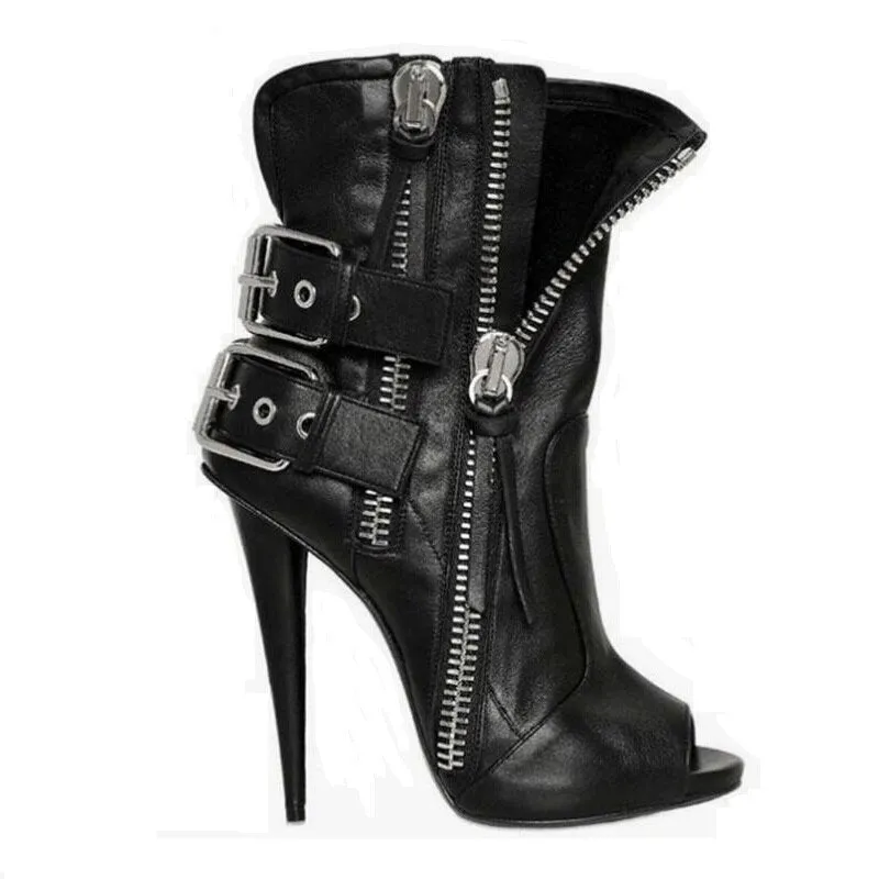 Women High Heel Peep Toe Sandals Boots Buckle Side Zipper