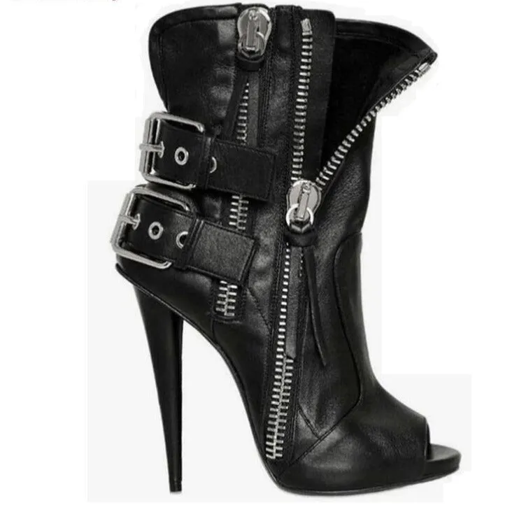 Women High Heel Peep Toe Sandals Boots Buckle Side Zipper