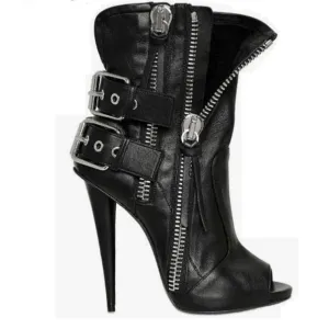 Women High Heel Peep Toe Sandals Boots Buckle Side Zipper