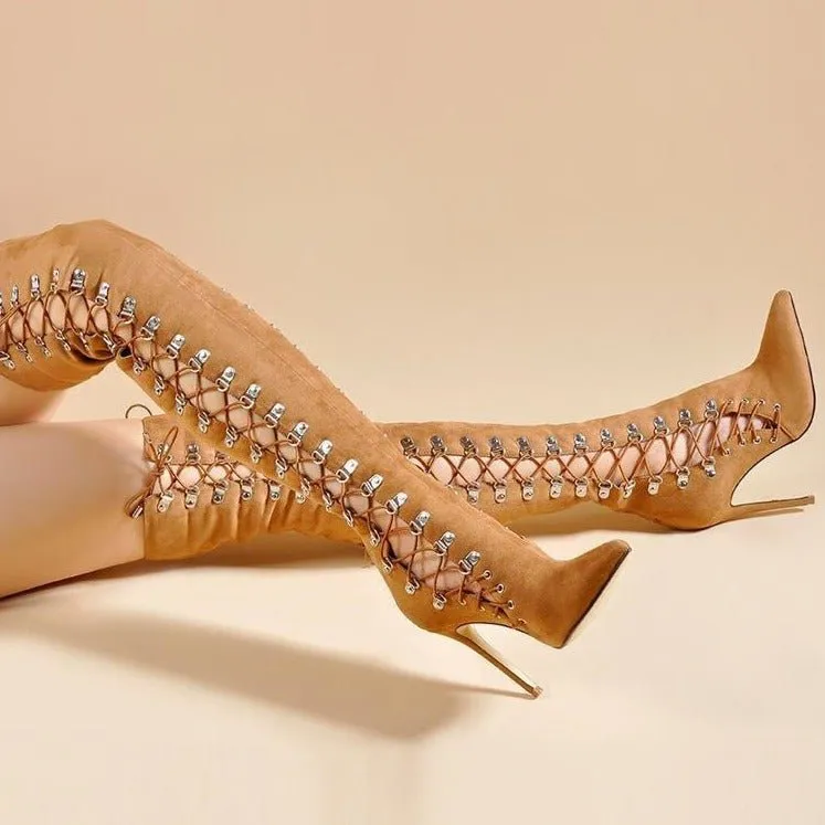 Women Lace Up High Heel Gladiator Shoes Party Long Boots