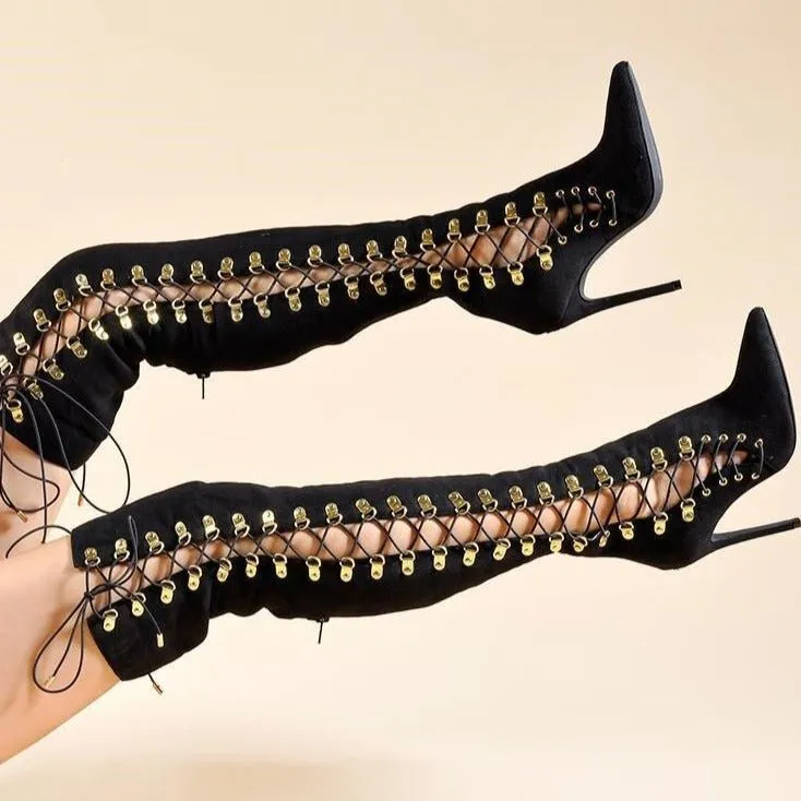 Women Lace Up High Heel Gladiator Shoes Party Long Boots