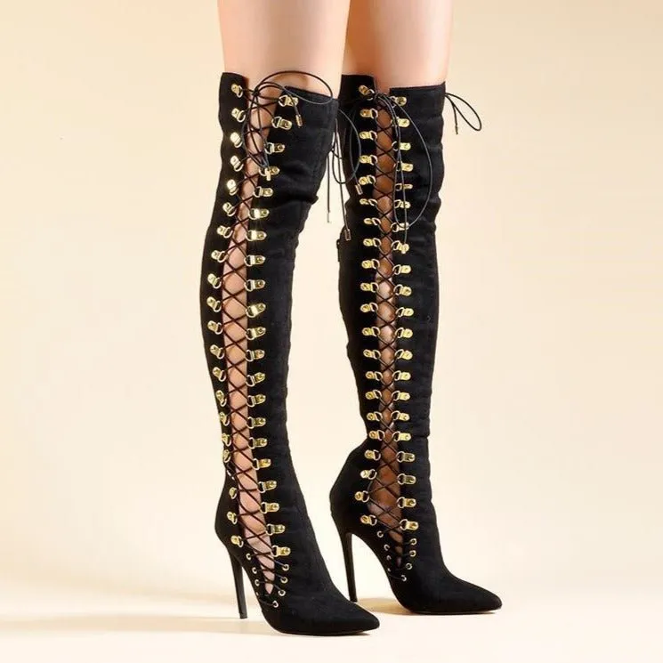 Women Lace Up High Heel Gladiator Shoes Party Long Boots