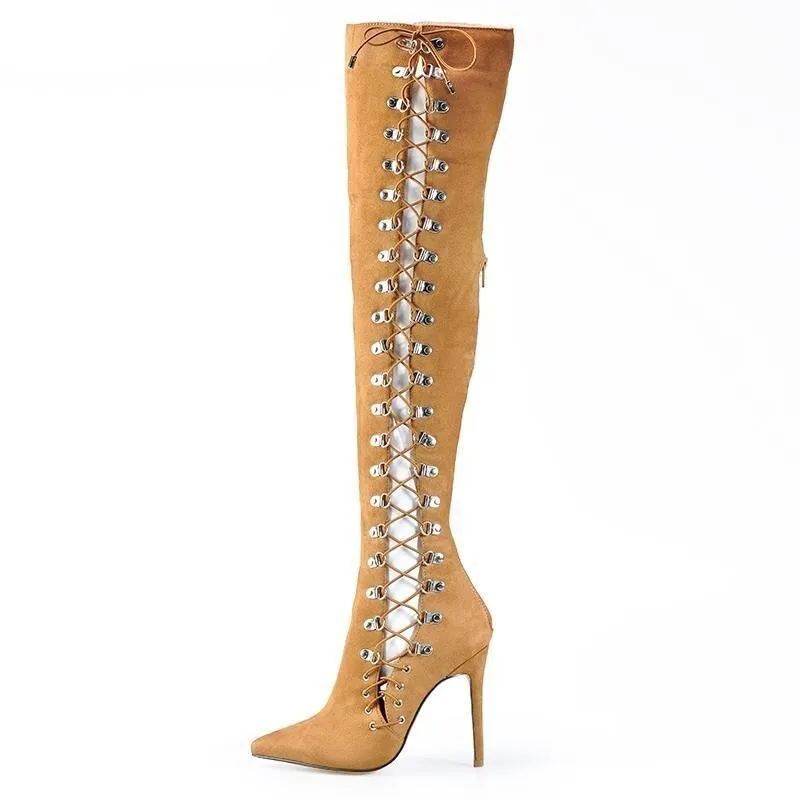 Women Lace Up High Heel Gladiator Shoes Party Long Boots