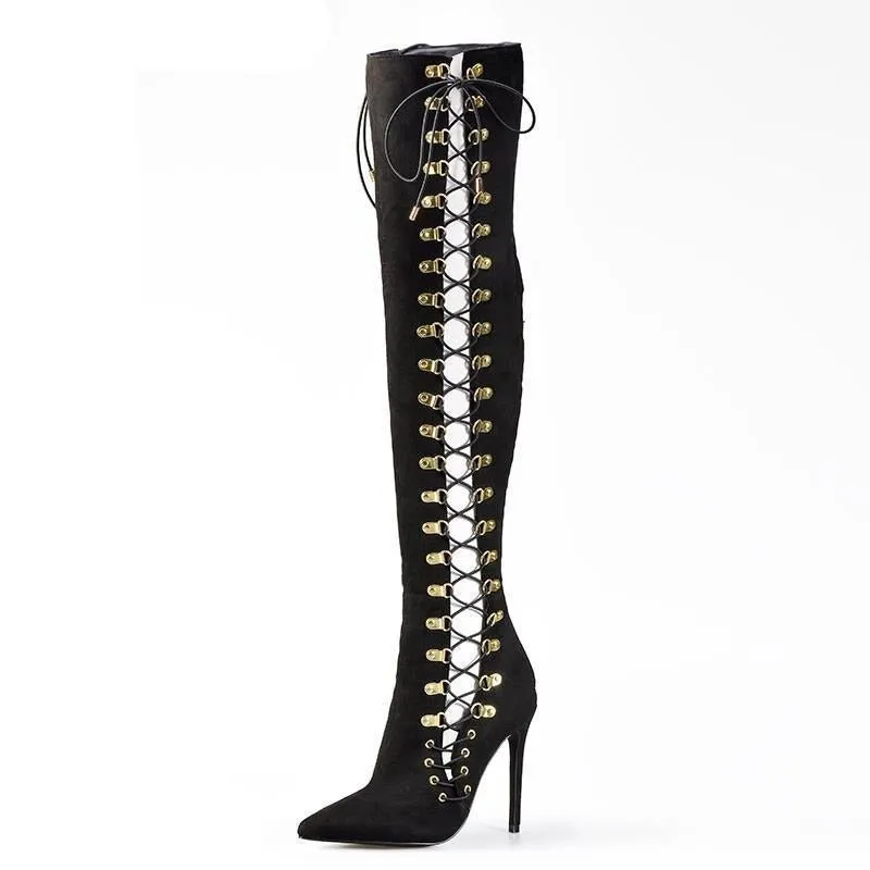 Women Lace Up High Heel Gladiator Shoes Party Long Boots