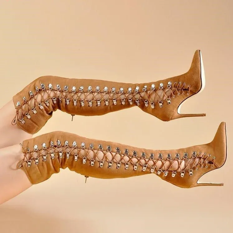 Women Lace Up High Heel Gladiator Shoes Party Long Boots
