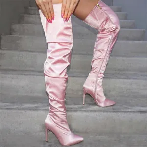 Women Pink Slouchy Thigh High Heels Boots Plus Size