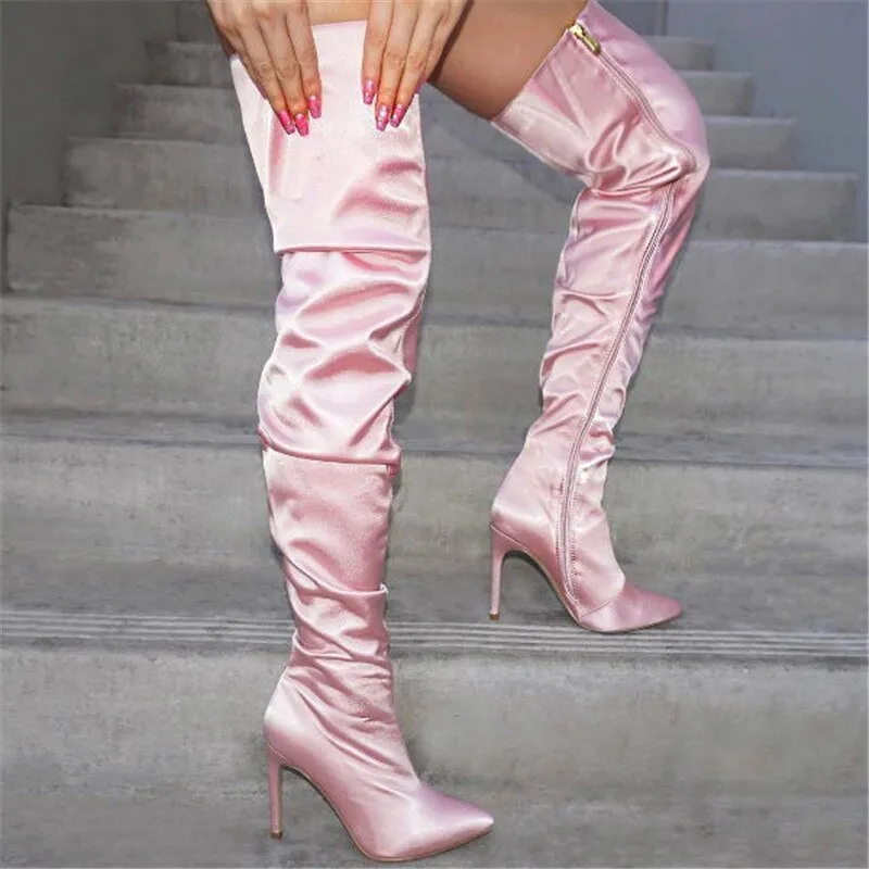 Women Pink Slouchy Thigh High Heels Boots Plus Size