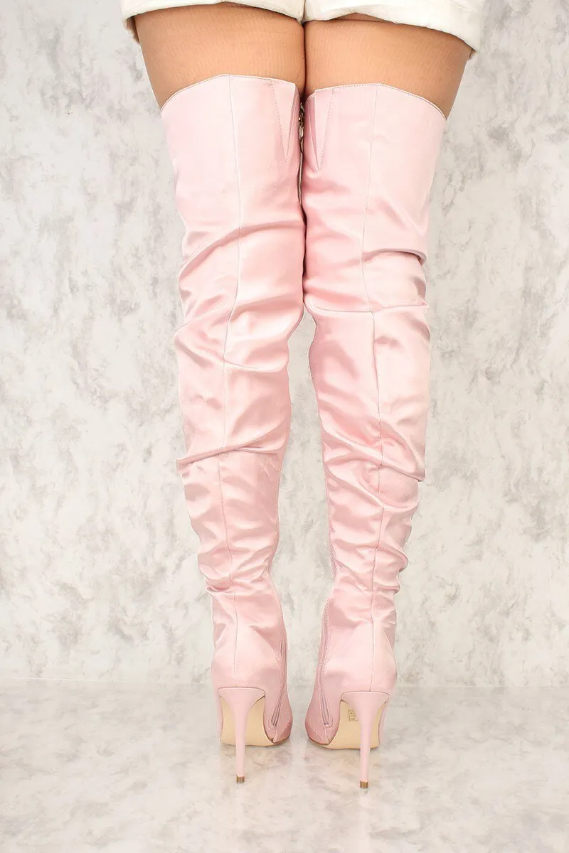 Women Pink Slouchy Thigh High Heels Boots Plus Size